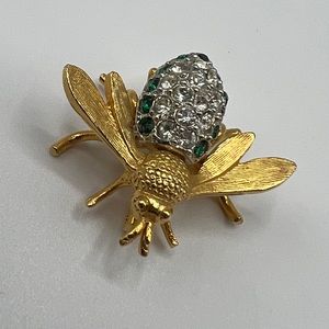 Gold & Green Rhinestone Bee Brooch